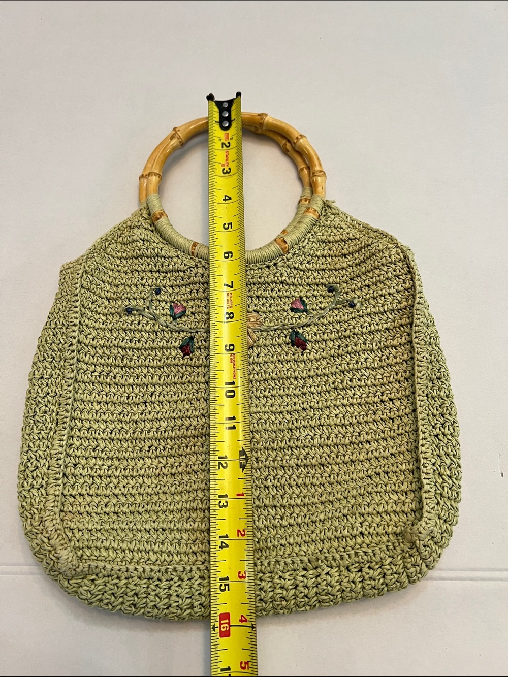 SCALA GAL Y2K GREEN WOVEN TWINE WITH FLOWERS WITH BAMBOO HANDLES BAG PURSE - Picture 7 of 12